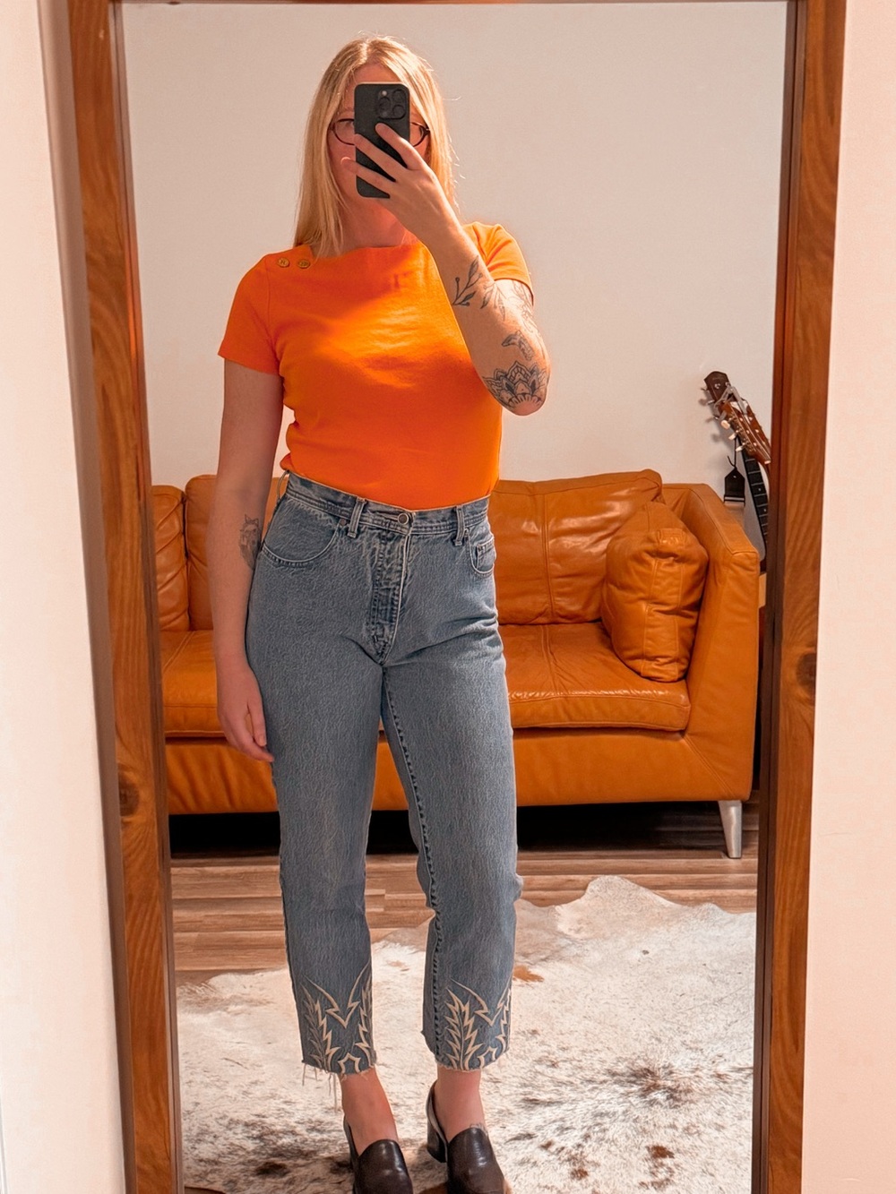 Vintage Ralph Lauren Orange Boat Neck Top with Gold Button Accent